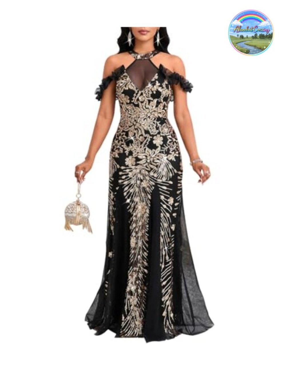 Sequin Halter Mesh Bodycon Formal Maxi Dress Evening Gown